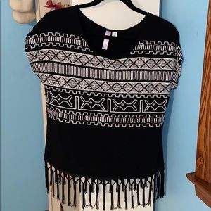 Black Fringe Blouse with White Embroidery